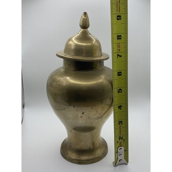 VINTAGE MCM Indian Gold Solid Brass Urn Vase Ginger Jar With Lid - Picture 5 of 6